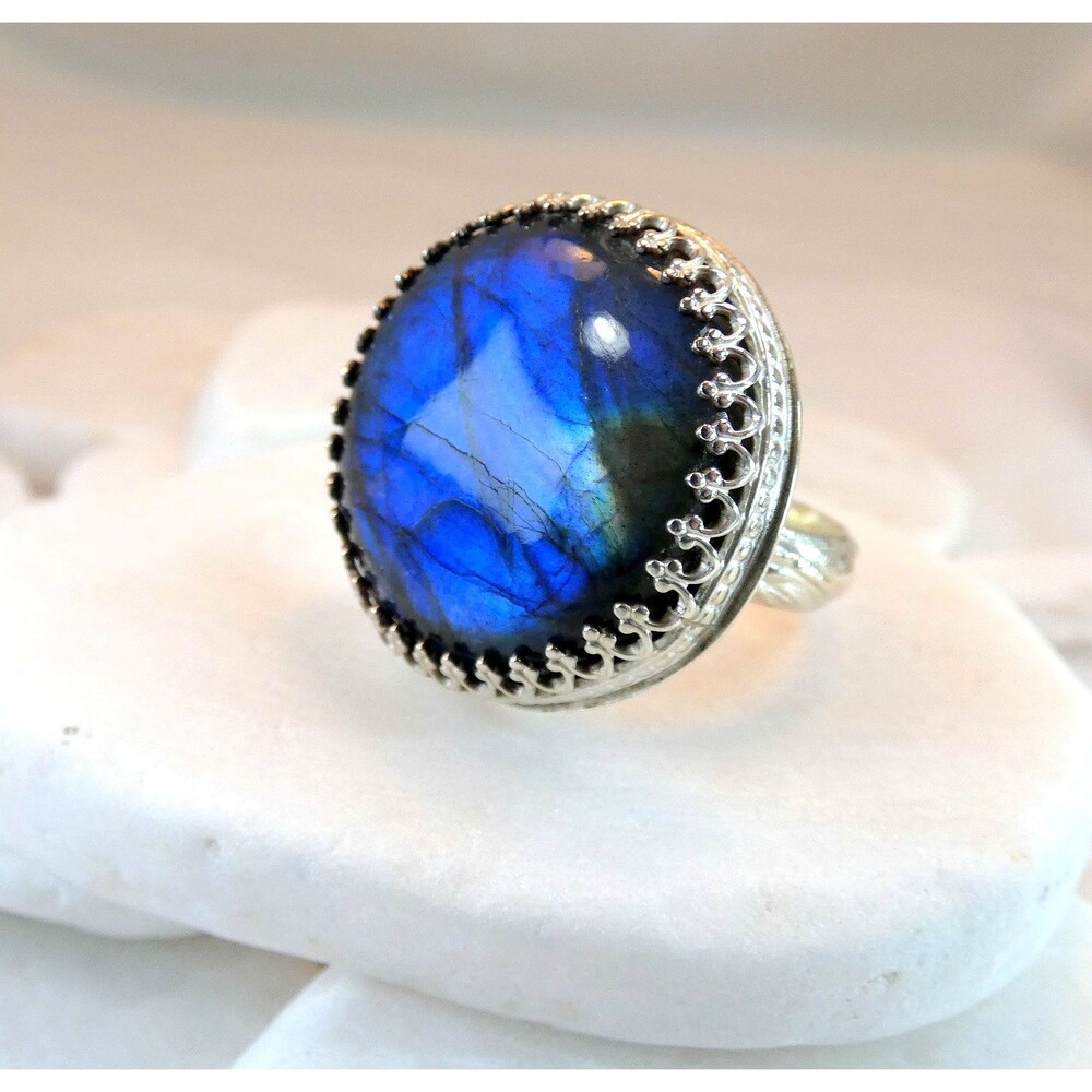 Large Spectrolite Labradorite Sterling Silver Ring Size 7.5 Handmade OOAK